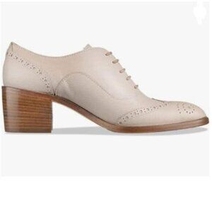 FOWT Beige Perforated Lace-Up Oxfords Almond Toe Mid Chunky Heel Brogues